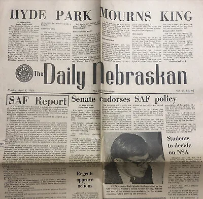 Martin Luther King Jr. Funeral Daily Nebraskan Newspaper 4/8/1968 Hyde Park • $40