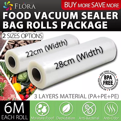 Flora Food Vacuum Sealer Bag Roll Storage Saver Seal Rolls 6M 22cm Or 28cm • $21.95