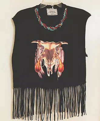 NWT Forte Couture Teka Black Fringe Cowskull Knit Top Size M New Tag T-Shirt Tee • $50.80