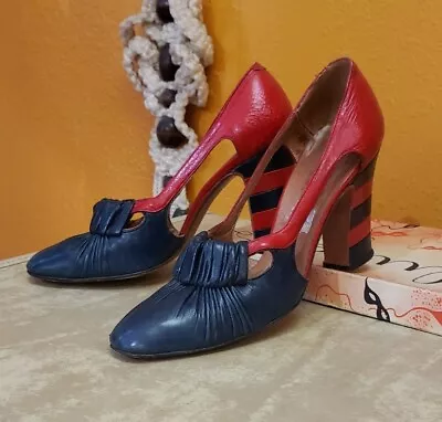 VTG 1970s Made In Spain Red Blue Color Block Leather Disco Heels Sz 7 • $210.76