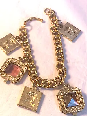Vintage Bracelet Cameo Embossed Charms Chain Gold Tone Amber & Purple • $13.59