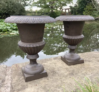 Pair Of Small Victorian Style Metal Cast Iron Urns Vases Garden Planters Pots • £160