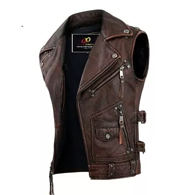 Men's Vintage Motorcycle Vest Men Genuine Cowhide Riding Sleeveless Jacket • $114.99