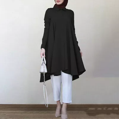 Women's Muslim Tunic Lapel Hem Long-sleeved Shirt Top • $25