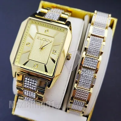 Men Elgin Luxury Lab Diamond Stainless Steel Iced Square Watch & Bracelet Set • $59.99