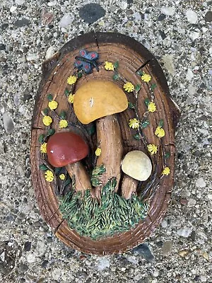 Vintage Chalkware Multi Color Mushrooms Flowers Butterfly Wall Art Plaque • $8.88