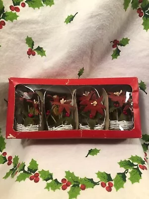 Vintage Christmas~4 Table Place Card Holders~ Flocked Poinsettias W/Basket Japan • $18.99