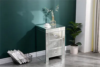 Elegant Mirrored Glass Bedside Table Nighstand Side Table Cabinet With Drawers • £80