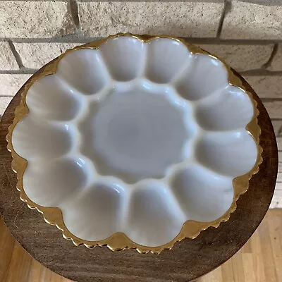 Vintage Milk Glass With Gold Scalloped Trim Deviled Egg Serving Dish Tray 10” • $24