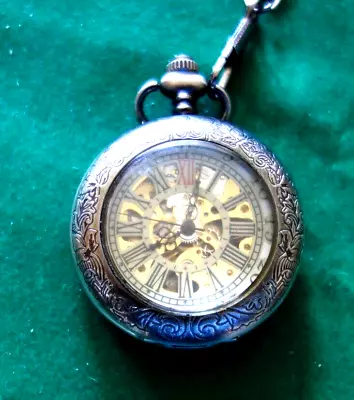 Unbranded Black Half Hunter Skeleton Roman Hand-Wind Mechanical Pocket Watch • $16