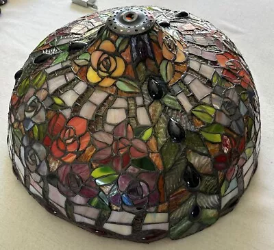 Antique Tiffany Style Jeweled Flower Glass Shade Light Pendant Lamp Estate 17” • $299.99