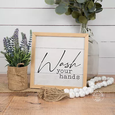 Wash Your Hands Bathroom Wood Framed Sign Farmhouse Sink Decor F1-10100009022 • £19.41