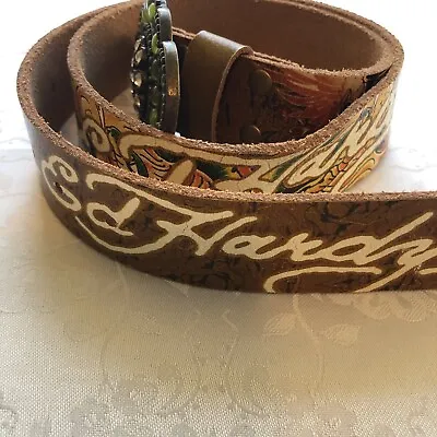 Ed Hardy Vintage Y2K Brown Handmade Genuine Leather Belt Size M Brass Bejeweled • $73