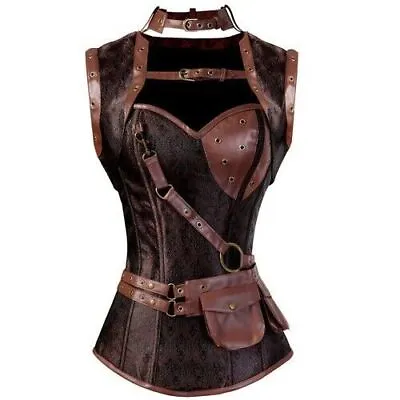  Spiral Steel Boned Vintage  Corset Overbust Corselet Pirate Tops With Pocket • $167.11