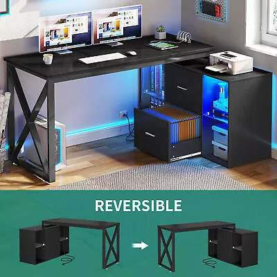 55  Reversible L Shaped Desk Corner Computer Desk With Power Outlets & LED Light • $162.99