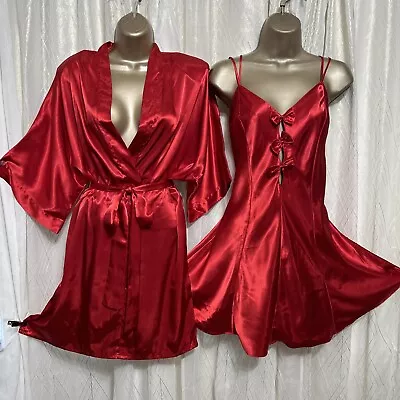 VTG L XL Candy Red Peignoir Set Nightgown Sexy Nylon Satin Babydoll Set • $119.99
