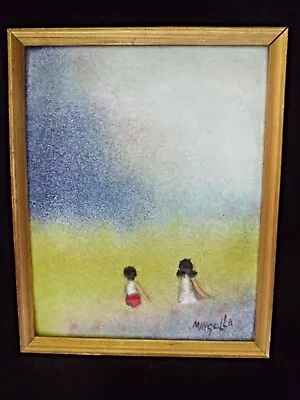 Signed Mingolla Framed Enamel On Copper Painting Two Children In A Field  • $44.95