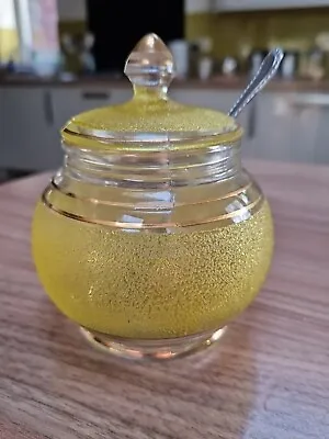 Vintage Yellow Sugar Frosted Glass Jam Honey Marmalade Lidded Pot With Spoon • £10