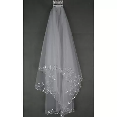 2 Layer White/Ivory Elbow Length Beads Edge Wedding Bridal Veil With Comb New • £18.96