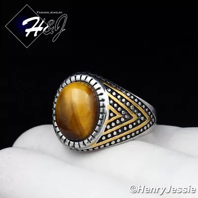 MEN's Stainless Steel Oval Tiger Eye Silver/Gold Plated Ring Size 8-13*TR115 • $15.99