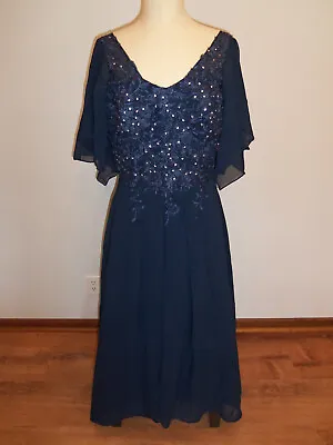 Mother Of The Bride Dress Chiffon Tea Length Lace Beading Sequins Navy SZ 8 • $74.99