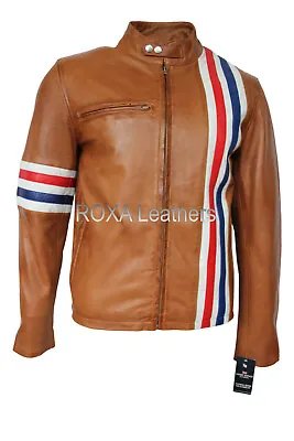 Men Genuine Lambskin 100% Leather Jacket Motorcycle Tan Coat Stylish Strip • $119.20