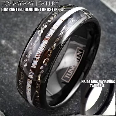 Personalized Black Tungsten Carbide Ring & Deer Antler & Meteorite Wedding Band • $24.99