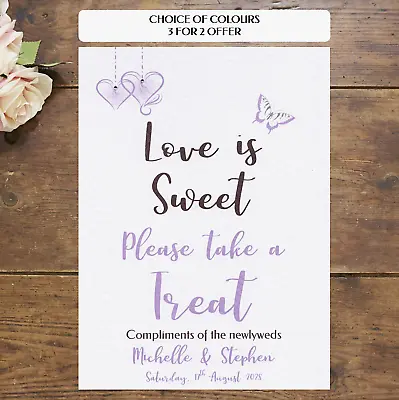 Love Is Sweet PERSONALISED WEDDING SIGN Hearts Butterfly Diamante W42 • £5.25