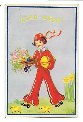 Happy Easter Sweden Artist Signed Margit Carlbring Girl In Red With Egg Flowers • $5