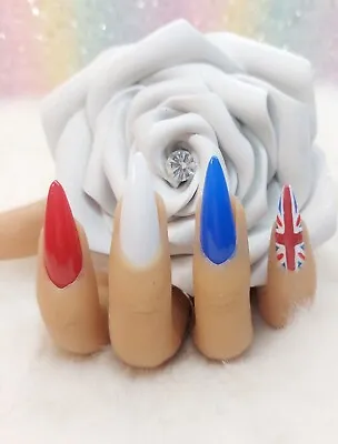 * Hand Painted * Press On Nails - Custom Union Jack United Kingdom Extra LONG • £15.25