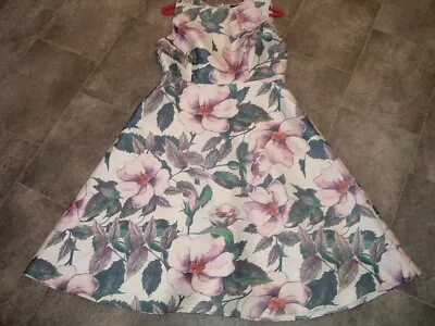 Size 14 Ax Paris White Pink Green Floral Satiny Fit & Flare Midi Occasion Dress • £6.75