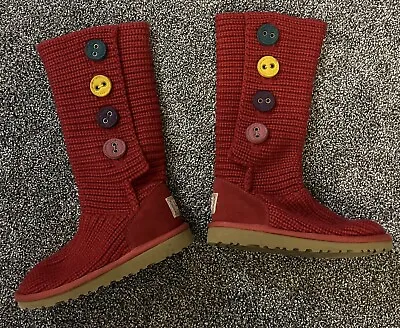 Ugg Button Tall Knit Cardy Button Boot Youth Big Kids Girls Size 1 Burgundy Red • $29.99