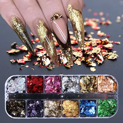 12 Colors/Box Metallic Nail Foils Colorful Flakies Stickers Tips DIY Nail Art • $1.70