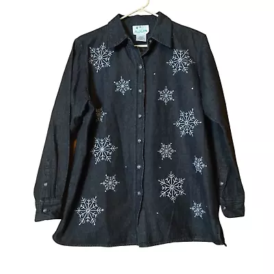 The Quacker Factory Women's Medium Snowflake Button Up Denim Shirt Embroidered • $24.99