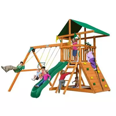 $1067.79 • Buy Gorilla Playsets Tarp Roof Rock Wall Wave Slide Backyard Swing Set + Accessories