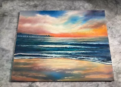 Original Oil Painting Manhatten Beach Pier Landscape Beach Ocean By Artist • $20