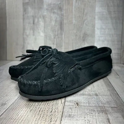 Minnetonka Women's Kilty Hardsole Suede Moccasin Loafer Slip On Black Size 6.5 • $19.95