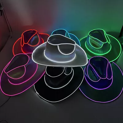 Men Cowgirl Hat Disco LED Glow Western Cowboy Hat Party Costume Play Dress Up • £9.55