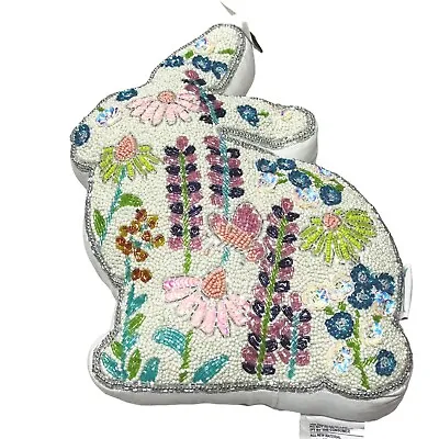 Rachel Zoe Easter Bunny Rabbit Spring Flowers 15in Beaded Shaped Pillow • $54.99