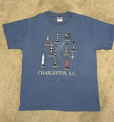 Vintage 90s 1996 Charleston SC Lighthouse Graphic T Shirt Blue Sz. L USA • $15