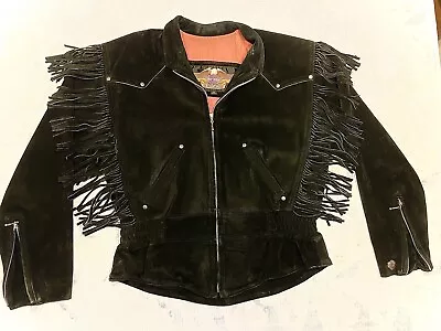Vintage Harley Davidson Black Suede Leather Jacket Fringe Tassels Women’s Large • $75