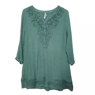Monoreno Floral Tunic Semi Sheer Boho Rayon Green Pullover Dress Womens Sz Large • $21.56