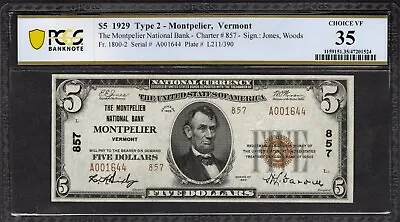 1929 $5 Montpelier NB Vermont PCGS 35 Fr.1800-2 CH#857 Item #47201524 • $575