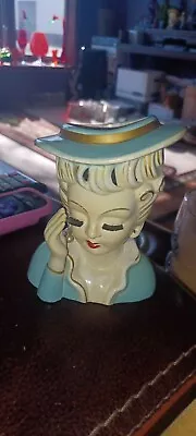 VINTAGE LADY HEAD VASE Tilso Robin's Egg Headache Lady With Hand. 5 Inches! • $85