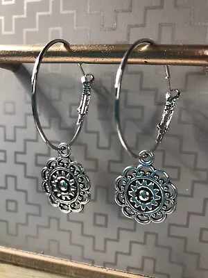 £4.45 • Buy Mandala Hoop Earrings 35mm SILVER PLATED HOOP EARRINGS + Gift Bag, Boho Chic