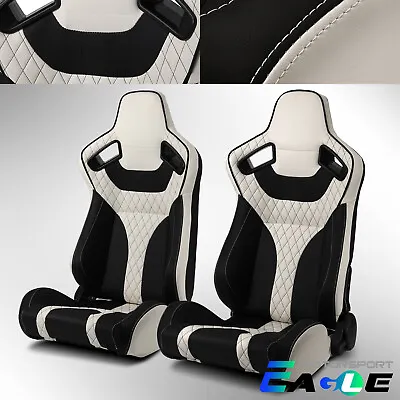 Universal Main Black + White Side Reclinable PVC Leather Sport Racing Seats Pair • $315.98