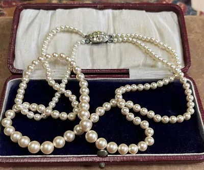 VINTAGE LOTUS 18.5in Double Strand Faux Pearl Necklace Fancy Rhinestone Clasp  • £14