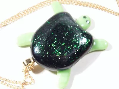 Green Glass Turtle Pendant W/18  GoldTone Chain & Bale 1.5  X 1.75  #JN1055 • $6.99