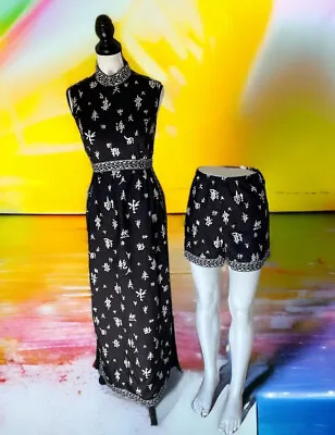 Vintage 70s WOMENS Chinese Cheongsam Black Satin Dress & Matching Hotpants L 10 • $84.38