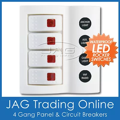 4 Gang White Deluxe Led Rocker Switch Panel & Circuit Breakers - Boat/marine • $45.02